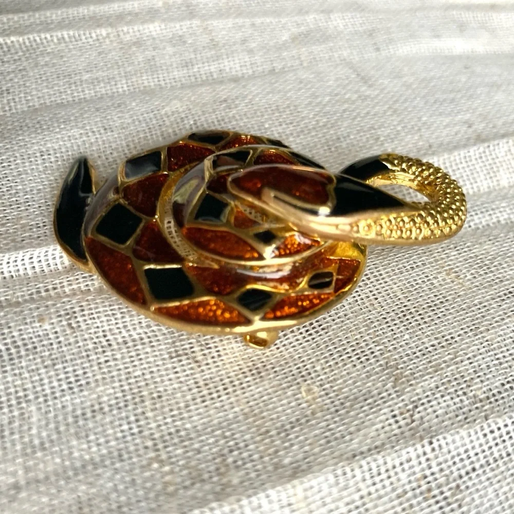 Enamel Diamond-Backed Snake Brooch Goldtone